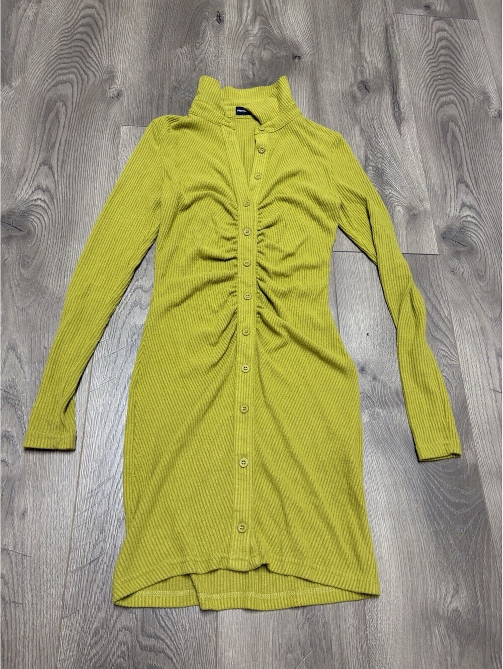 PrettyLittle Thing Chartreuse Brushed Rib Long Sleeve Ruched Shirt Dress Size 6